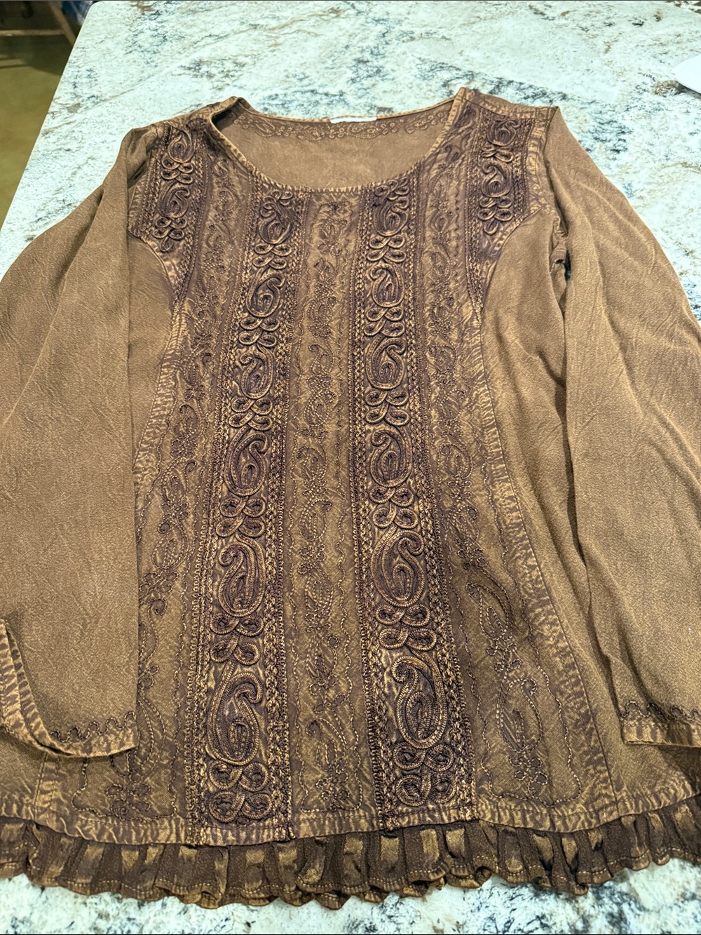 Women's Brown Embroidered Long-Sleeve Top